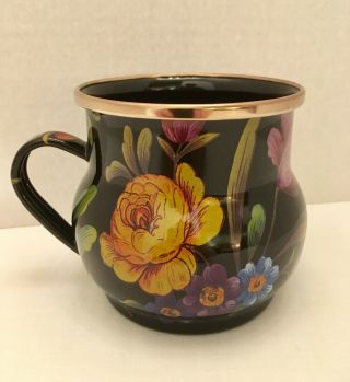 Mackenzie Childs Flower Market Enamel Mug Black 3.  5” H,  16 Ozs.