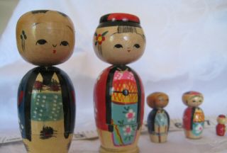 Vintage Japan Japanese Wooden Nesting Dolls Kokeshi Hand Painted Family Of 6