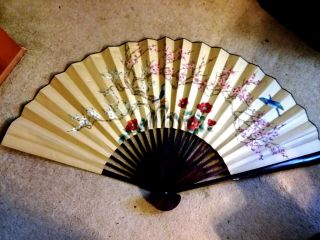 Large Oriental Vintage Hand Painted Chinese Fan Decorative Wall Hanging Art 62 "