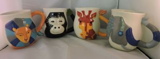 Set Of 4 Unique Animal Coffee Cups - Giraffe,  Elephant,  Lion & Ape 16 Oz.