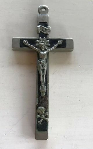 Vintage Pectoral Crucifix Skull And Crossbones On Ebony Nickel 4 Inch