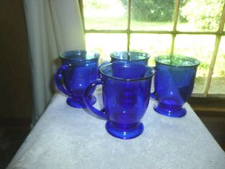 Set Of 4 Anchor Hocking Cobalt Blue Large Footed Glass Coffee Mugs 16 Oz.