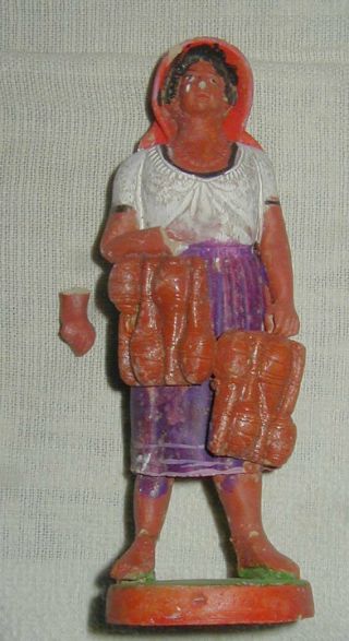 Old Mexican Hand Made Folk Art Pottery Figurine,  Woman Maracas In Market