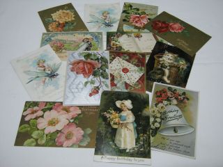 13 Old Antique Vintage Birthday Postcards Floral Children Cat 1900s Embossed