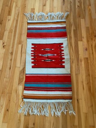 Vintage Mexican Saltillo Serape Blanket Rug Poncho Baja Cape W/ Fringe - 43x22