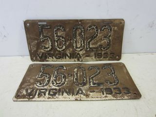 2 1933 Virginia License Plates - Matching Pair
