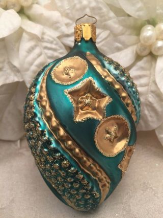 Star Ribbons Vintage Blue Green Gold Indented Christmas Ornament Germany Glass