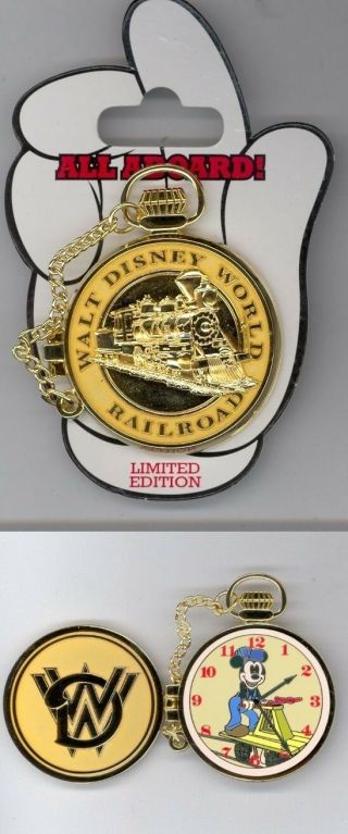 Walt Disney World Mickey Mouse Train Railroad Pocket Watch Hinged Le Pin & Card