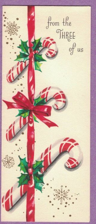 Vtg Xmas Card From The Three Of Us 3 Candy Canes Strung On Red Ribbon Gold Snow