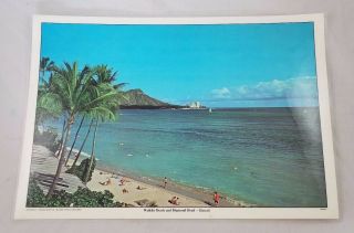Vintage 70s Hawaii Photo Souvenir Laminated Place Mat Waikiki Beach Diamond Head