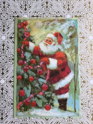 Gvv Vtg Mid - Century Santa Decorating Christmas Tree " Brookline Design " Card