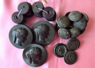 40,  Collectable Black Pressed Horn Buttons - 3 Female Head 1 Paris Back (20)