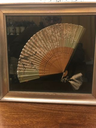 Chinese Asian Vintage Hand Painted Folding Fan Frame 15”x14”
