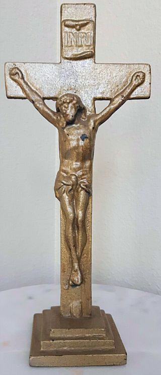 Antique Vintage Cast Iron Standing Tabletop Crucifix Jesus Cross