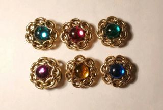 Vintage Set Of Six Gold Tone Rhinestone Flower Button Covers