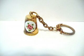 Thimble Vintage Brass Keychain W/enamel Cameo Of A Red Rose