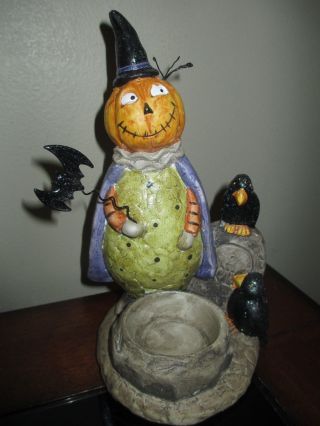 Yankee Candle " Pumpkin Pals " Halloween Holding Bat & Crows Tea Light Holder 9.  5 "