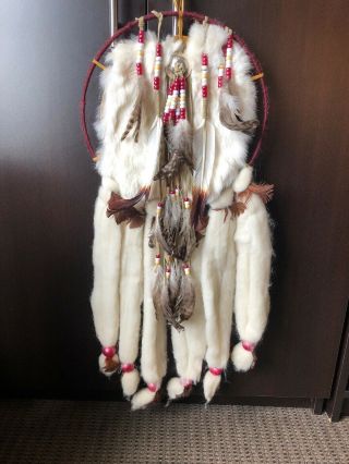 Vtg American Indian Large Mandella Dream Catcher Boho Rabbit Fur Wool Leather