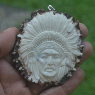 Indian Carving 64x59mm Pendant P4115 W/ Silver In Antler Burr Hand Carved