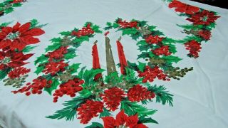 Mid Century Vintage Red Floral Holly Christmas Tablecloth 60 X 72