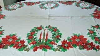 MID CENTURY VINTAGE RED FLORAL HOLLY CHRISTMAS TABLECLOTH 60 X 72 2