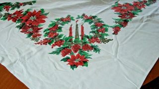 MID CENTURY VINTAGE RED FLORAL HOLLY CHRISTMAS TABLECLOTH 60 X 72 3