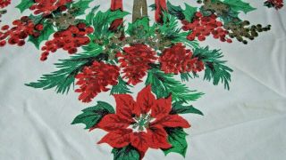 MID CENTURY VINTAGE RED FLORAL HOLLY CHRISTMAS TABLECLOTH 60 X 72 5