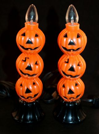 Rare Vintage Halloween Plastic Electric Flicker Bulb Pumpkin Candle Lights Set
