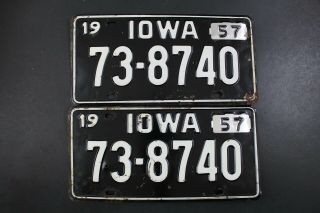 Vintage 1956 1957 Iowa License Plate 73 - 8740 Pair Date Badge