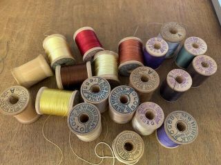 Vintage Wooden Spools With Silk Thread