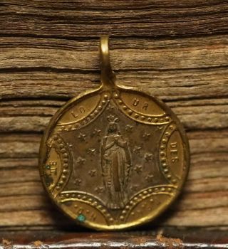 Antique Religious Bronze Medal Pendant Our Holy Mother Mary Of Lourdes
