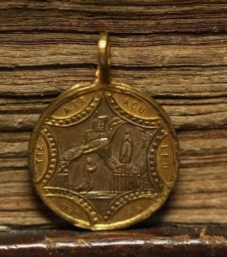 Antique religious bronze medal pendant our holy mother Mary of Lourdes 2