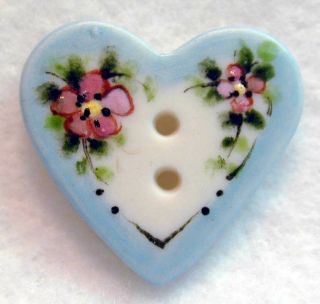 Handcrafted Porcelain Button Heart W/ Blue Rim & Flowers Us 7/8 "