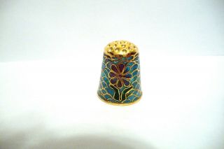 Thimble Plique - A - Jour Enamel Blue Stain Glass W/3 Red Flowers & Gold Top Beauty