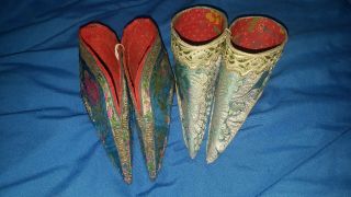2 Pairs Vtg Chinese Lotus Shoes Bound Feet Silk Shoes