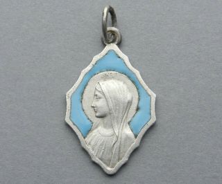 French,  Antique Religious Enamel Pendant.  Saint Virgin Mary.  Art Nouveau Medal.
