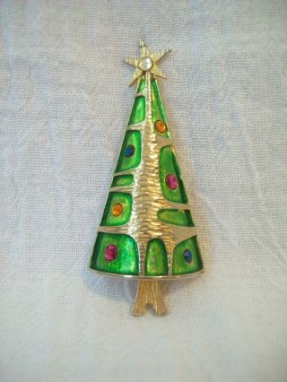 Vintage Christmas Tree Pin Goldtone Metal Enamel Rhinestones Unsigned Circa 1980