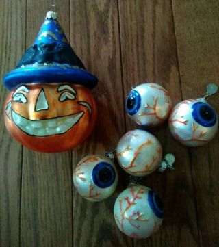 Halloween Tree Ornaments Blown Glass Jack O Lantern & 5 Dept 56 Eyeballs