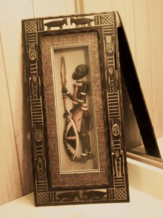 African Warrior In Carved Wood And Glass Shadow Box Frame 23 " X11 "