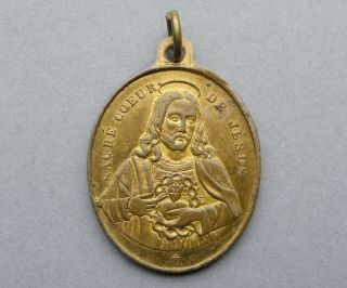 Jesus Christ,  Saint Virgin Mary.  Sacred Heart.  Antique Religious Pendant.  Medal.