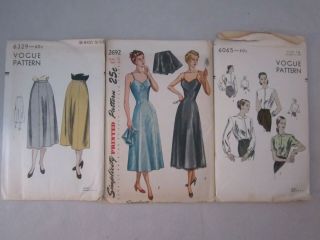 3 Vintage Vogue & Simplicity Patterns.  1940s.  Size 14/18.  Blouse,  Skirt,  Slip
