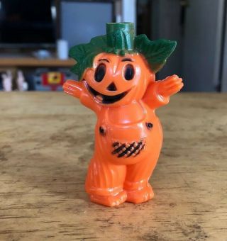 Vintage 3” Halloween Hard Plastic Candy Container Pumpkin Man Scarecrow Mold Toy