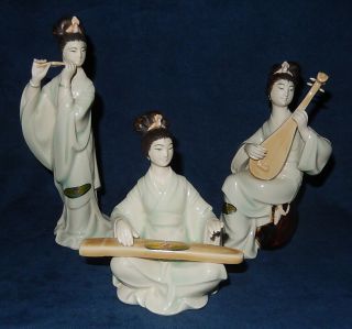 Vintage Shiwan Artistic Ceramic Chinese Courtesan Musician Trio Figurines