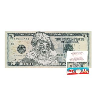 Santa Claus Dollar $5 W/ Greeting Card Christmas Stocking Stuffer.  Real Usd