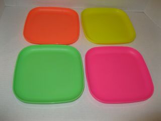 Tupperware Set Of 4 8 " Square Lunch Plates W/ Raised Rims Neon Colors