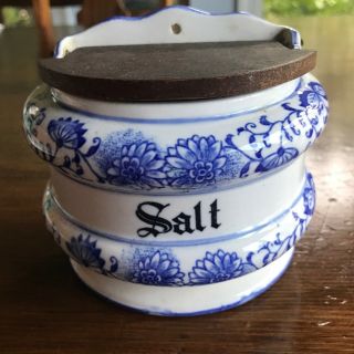 Vintage Blue Onion Hanging Salt Jar With Wood Lid,  Crossed Arrows