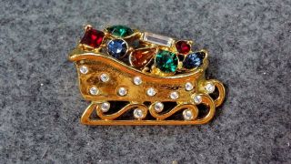 Monet Christmas Sleigh Pin Goldtone Multi - Color Crystals Rhinestones Vintage