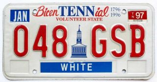 Tennessee 1997 State Bicentennial License Plate,  048 Gsb,  White County
