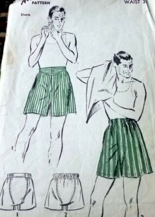 Vtg 1940s Mens Boxer Shorts Advance Sewing Pattern Waist 36