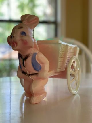 Rare Vintage Pink Plastic Easter Bunny Rabbit Pulling Wagon Cart Blow Mold